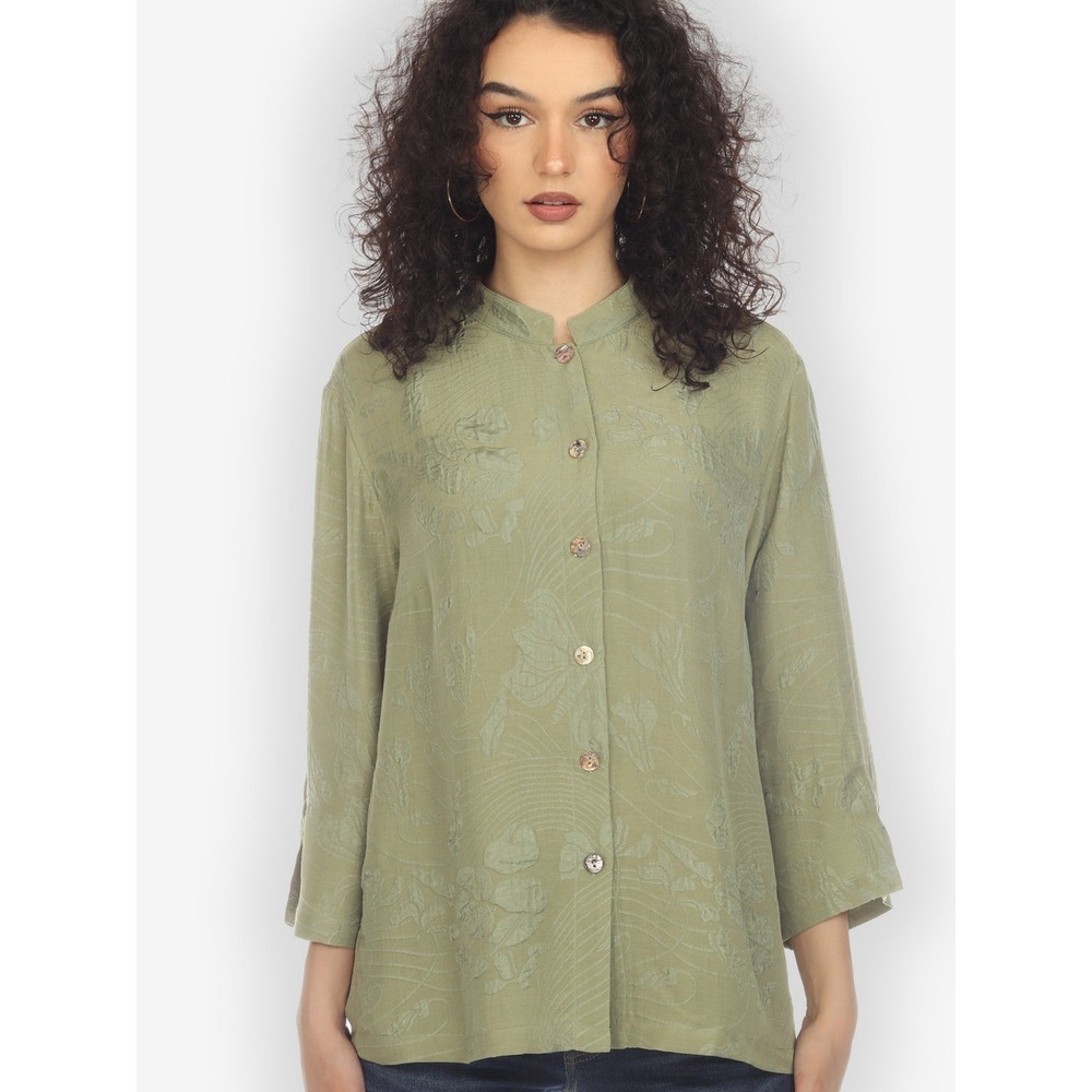 Citron Santa Monica Silk Rayon Blouse 3X Olive Green Floral Jacquard Button Top